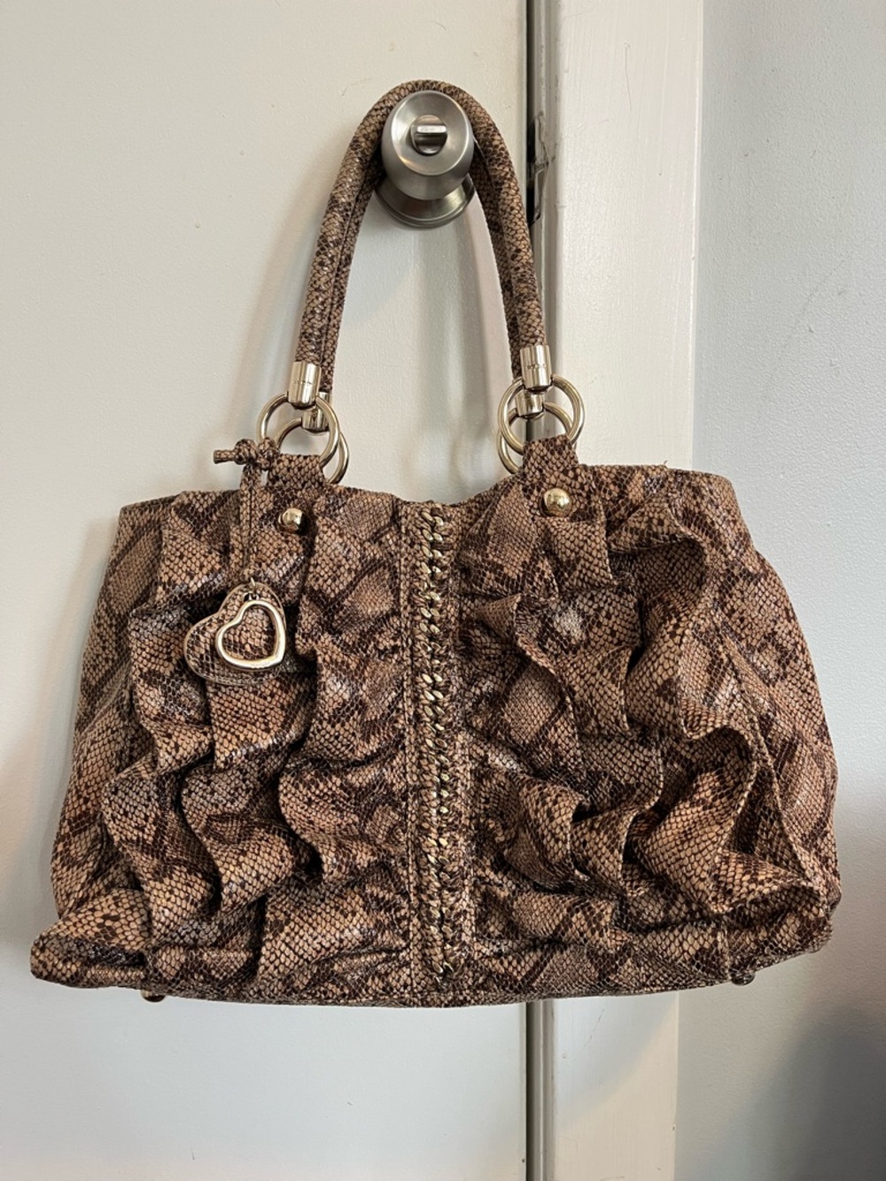 Bebe Brown Snake Print Ruffle shoulder bag Handbag purse gold chain retro Y2K